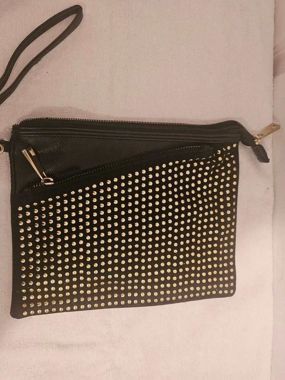 Black Studded Wristlet Clutch with Gold Hardware